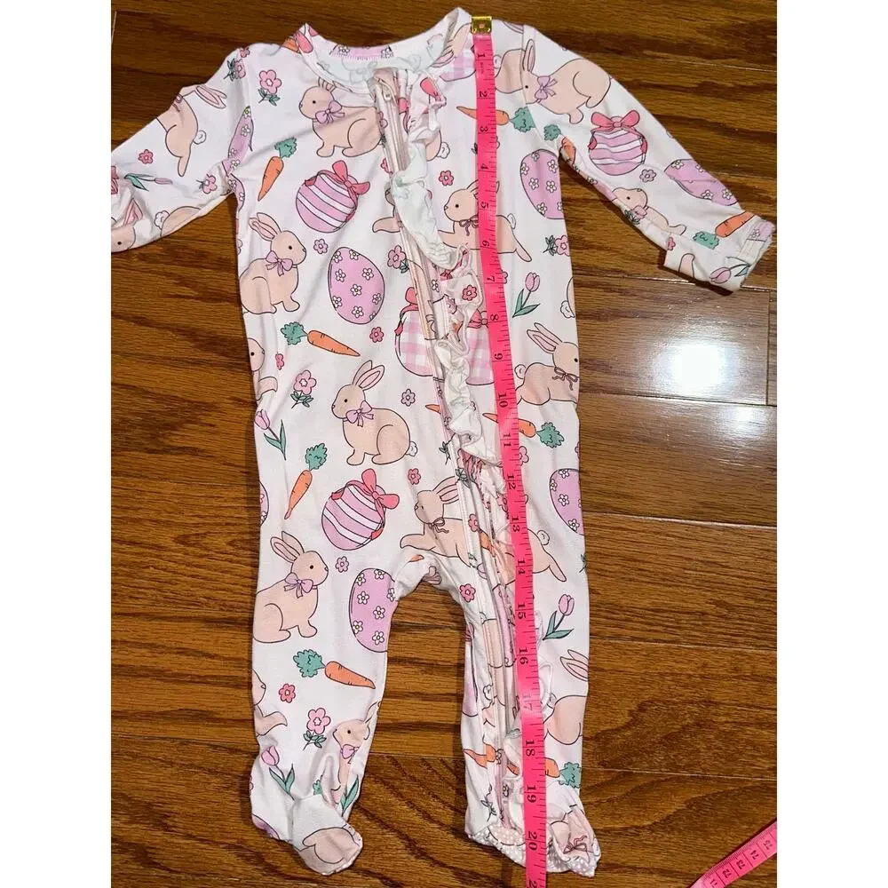Caden Lane Hoppy Spring Easter Bunny Carrot Egg Ruffle Bamboo Zipper Footie 0-3M